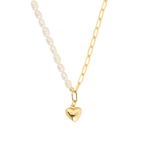 14K Gold Heart Pendant with Freshwater Pearl Necklace