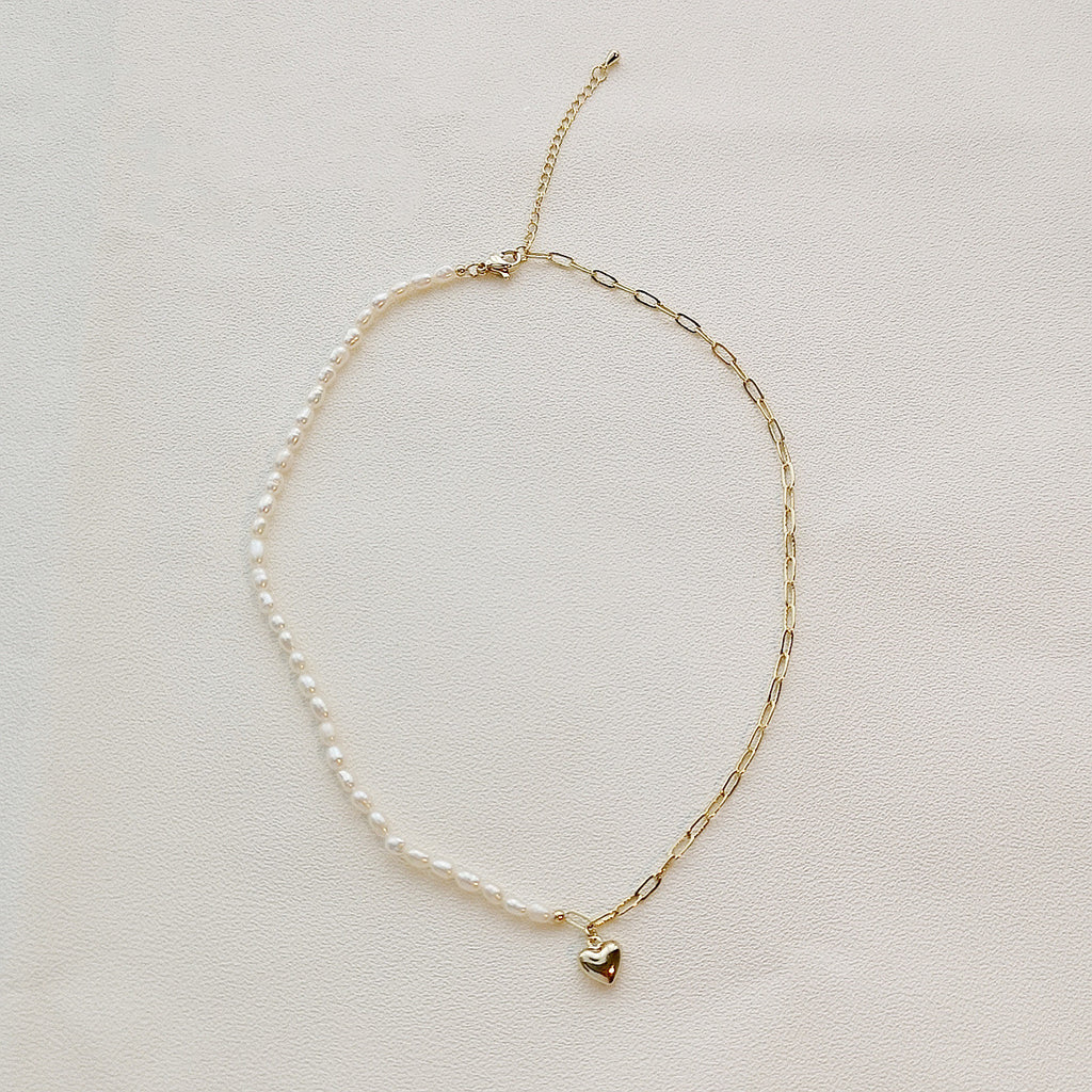 14K Gold Heart Pendant with Freshwater Pearl Necklace