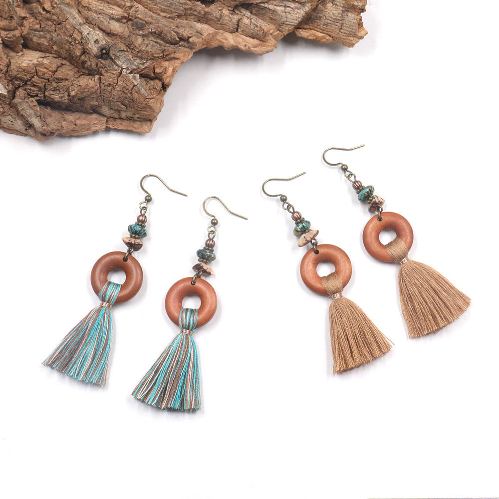 Geometric Wooden Circle Tassel Earrings