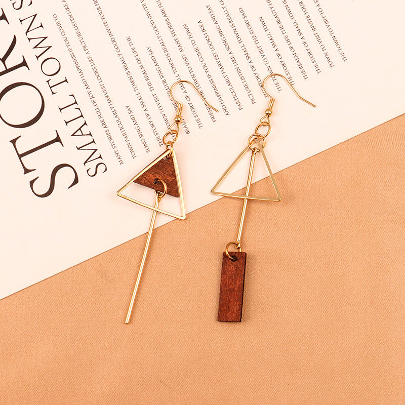 Korean Vintage Geometric Asymmetrical Wood Earrings
