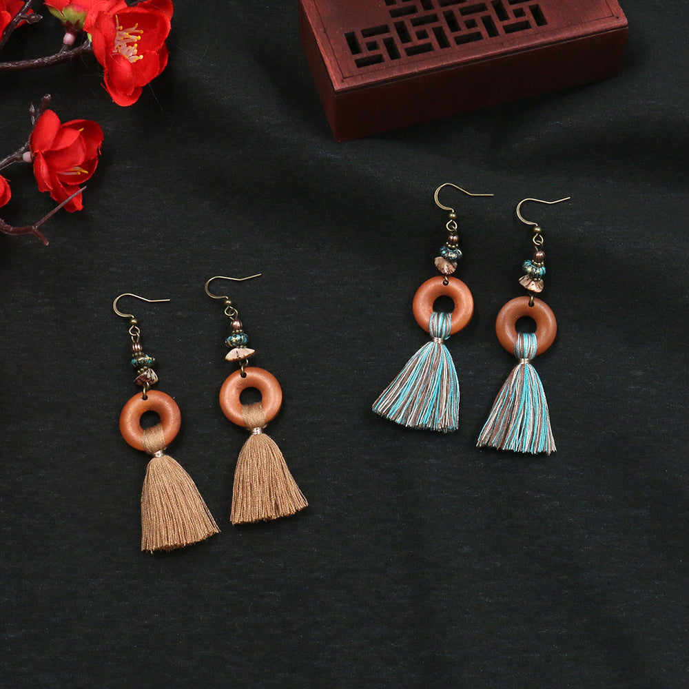 Geometric Wooden Circle Tassel Earrings